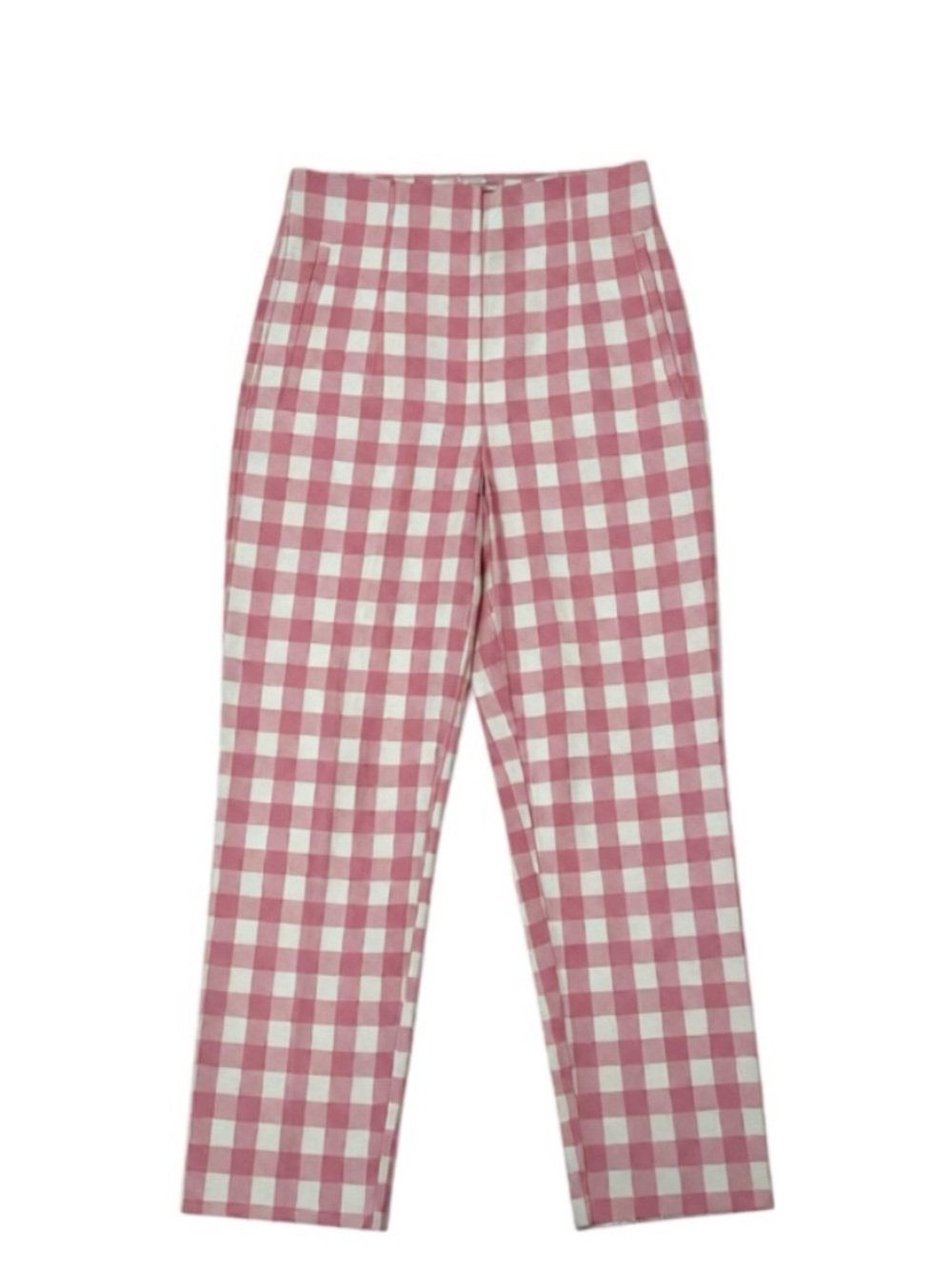 Pink and White Gingham Straight-Leg Pants